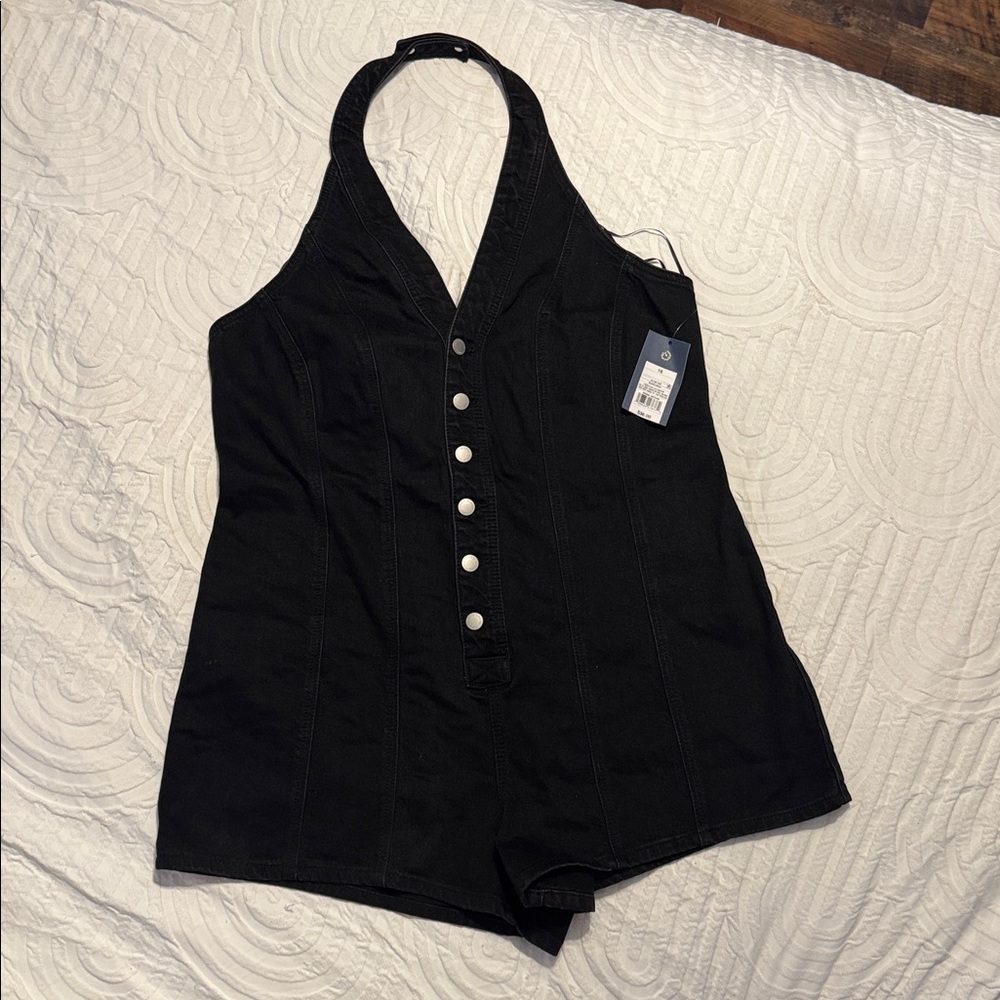 Black Denim Halter Button-Up Romper